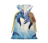 Dolphins in Love 1 Printed Christmas Drawstring Bags for Party Xmas Gift Wrapping, Yellow Christmas Ribbon, M