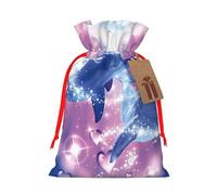 Dolphins in Love Printed Christmas Drawstring Bags with Red Ribbon - Reusable Burlap Drawstring Gift Pouches, S