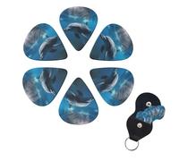 Dolphins in the Ocean Guitar Picks 6 Pack, 0.71mm Thickness Celluloid Bass Pick with Leather Guitar Pick Holder Keychain Abstract Art Pics Plectrum for Acoustic Electric Guitar, Ukulele, Bass