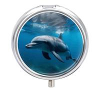 Dolphins in The Ocean Pill Box Small Round Pill Case Portable Travel Pill Container Multi-Functional Moisture Proof Metal Medicine Pill Organizer Box for Vitamins Fish Oil