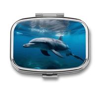 Dolphins in The Ocean Pill Organizer with 2 Compartments Metal Square Pill Case Small Pill Box Portable Medicine Box Slim Travel Pill Container Medicine Organizer for Daily Use