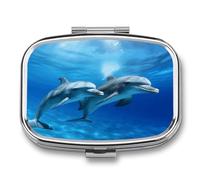 Dolphins in The Ocean Pill Organizer with 2 Compartments Metal Square Pill Case Small Pill Box Portable Medicine Box Slim Travel Pill Container Medicine Organizer for Daily Use