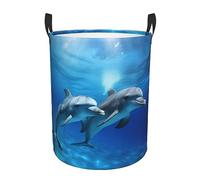 Dolphins in the Ocean Printed Laundry Basket Circular Laundry Hamper Waterproof Storage Clothes Bag Dirty Clothes Hamper with Handles Foldable Organizer Bag for Bathroom Bedroom Dorm