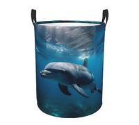 Dolphins in the Ocean Printed Laundry Basket Circular Laundry Hamper Waterproof Storage Clothes Bag Dirty Clothes Hamper with Handles Foldable Organizer Bag for Bathroom Bedroom Dorm