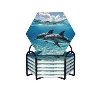 Dolphins in The Sea Coasters for Drinks,Absorbent Ceramic Coasters Set of 6 with Cork Base,Funny Cup Beverage Coaster with Holder Drink Coaster Cup Mat Pad for Tabletop Protection