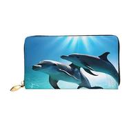 Dolphins in The Sea Long Leather Wallet,Large Capacity Soft Pu Leather Purse for Women with Multiple Card Slots Phone Pocket and Zipper Coin Purse Stylish Phone Card Holder Clutch
