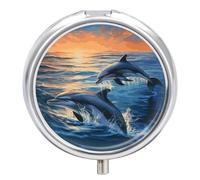 Dolphins in The Sea Pill Box Case 3 Compartment Travel Medicine Pill Organizer 3x A Day Portable Vitamin Organizer with Mirror Small Pillbox for Purse & Pocket Cute Daily Medicine Container Metal Vita