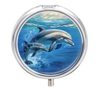 Dolphins in The Sea Pill Box Case 3 Compartment Travel Medicine Pill Organizer 3x A Day Portable Vitamin Organizer with Mirror Small Pillbox for Purse & Pocket Cute Daily Medicine Container Metal Vita