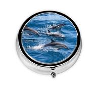 Dolphins in The Sea Print Mini Metal Pill Box 2.0x2.0x0.7 in Round Travel Medicine Pill Organizer Box for Purse Pocket