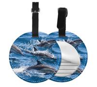 Dolphins in The Sea Print Round Luggage Tag 10 Cm, Pu Leather Suitcase Label, Luggage Tags for Cruise Ships Suitcase Tags Beach Malibu Print Privacy Cover Id Label