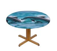 Dolphins in The Sea Print Round Tablecloth with Elastic Edge,Anti-Wrinkle Tablecloth for Dinner,Table