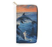 Dolphins in The Sea Slim Thin Credit Card Wallet, PU Leather Bifold Cash Wallet, Zipper Coin Pocket Id Window Wallet Storage Bag Wallet Coin Purse Pouch Change Holder Small with Zipper for Men And Wom