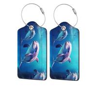 Dolphins in The Water Luggage Tag, Pu Leather Travel Luggage Tag Suitcase Tag Durable Steel Loop Suitcase Tags Identifiers