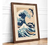 Dolphins in the Wave Japandi Framed Wall Art Print A1 (84.1×59.4cm) Walnut, Wall Decor for Living Room, Bedroom, Office & Home, Ready to Hang, Art Gift