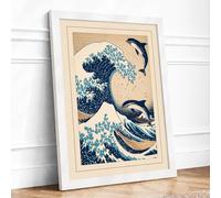 Dolphins in the Wave Japandi Framed Wall Art Print A1 (84.1×59.4cm) White, Wall Decor for Living Room, Bedroom, Office & Home, Ready to Hang, Art Gift