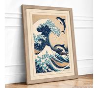 Dolphins in the Wave Japandi Framed Wall Art Print A2 (59.4×42cm) Oak, Wall Decor for Living Room, Bedroom, Office & Home, Ready to Hang, Art Gift