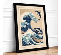 Dolphins in the Wave Japandi Framed Wall Art Print A3 (42×29.7cm) Black, Wall Decor for Living Room, Bedroom, Office & Home, Ready to Hang, Art Gift