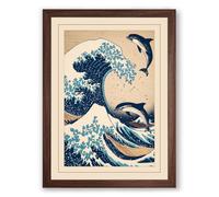 Dolphins in the Wave Japandi Framed Wall Art Print A3 (42×29.7cm) Walnut, Wall Decor for Living Room, Bedroom, Office & Home, Ready to Hang, Art Gift