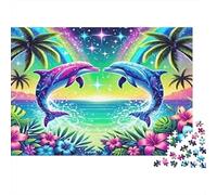 Dolphins Jigsaw Puzzle Tropical Heart Art 1000Pc Recycled Paper Adults Jigsaws Stimulate Brain Thinking Family Game Home Decoration Great Gift Idea 38x26cm/1000pcs