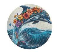 Dolphins Joyfully Leaping 128 Piece Round Jigsaw Puzzle Animal Shape Family Bonding Educational Puzzle Stress Relief Gift Idea Home Decor Whimsical Design 120 PCS