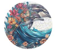 Dolphins Joyfully Leaping 68 Piece Round Jigsaw Puzzle Animal Shape Family Bonding Educational Puzzle Stress Relief Gift Idea Home Decor Whimsical Design 68 PCS