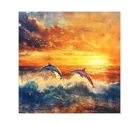 Dolphins Jumping at Sea Sunset 2 Canvas Poster Bedroom Decor Landscape Office Room Decor Gift 28x28inch(70x70cm)