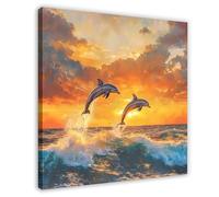 Dolphins Jumping at Sea Sunset 3 Canvas Poster Bedroom Decor Landscape Office Room Decor Gift 20x20inch(50x50cm)