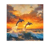 Dolphins Jumping at Sea Sunset 3 Canvas Poster Wall Art Decor Print Picture Paintings for Living Room Bedroom Decoration 28x28inch(70x70cm)
