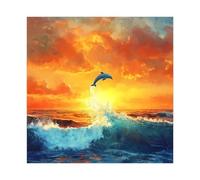 Dolphins Jumping at Sea Sunset 4 Canvas Poster Bedroom Decor Landscape Office Room Decor Gift 12x12inch(30x30cm)