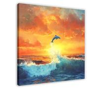 Dolphins Jumping at Sea Sunset 4 Canvas Poster Wall Art Decor Print Picture Paintings for Living Room Bedroom Decoration 20x20inch(50x50cm)