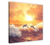 Dolphins Jumping at Sea Sunset 5 Canvas Poster Wall Art Decor Print Picture Paintings for Living Room Bedroom Decoration 24x24inch(60x60cm)