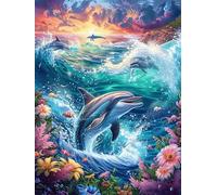 Dolphins Jumping in The Waves 300 Piece Complete DIY Jigsaw Puzzle Science Fiction Magical Dream Collectors Mind Relaxation Educational Decorative Puzzle Gifts for Adults Wooden Cardboard 300 PCS