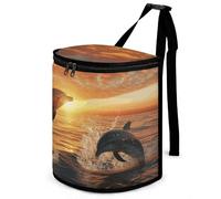 Dolphins Jumping Out of The Water at Sunset Car Trash Can Waterproof Leakproof Hanging Trash Bin with Lid Portable Large Capacity Car Garbage Bag And Storage Bag for Outdoor Traveling Home Use