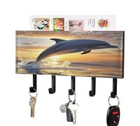 Dolphins Jumping Out of The Water at Sunset Key Holder Wall Mount with Mail Organizer Fashion Adhesive Key Hanger with 5 Hooks No Drill PU Leather Key Organizer Rack for Entryway Kitchen Hallway Decor