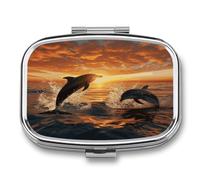 Dolphins Jumping Out of The Water at Sunset Pill Box Medicine Pill Organizer Small Pill Case Travel Pill Container Portable Pill Case for Pocket 2 Compartment Pill Holder Pill Boxes for Travel