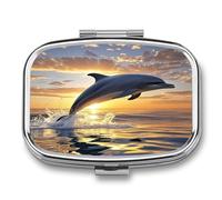 Dolphins Jumping Out of The Water at Sunset Pill Case 2 Compartments Travel Pill Organizer for Pocket Small Pill Box Portable Pill Container Metal Medication Holder to Hold Vitamin Fish Oil Supplement