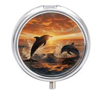 Dolphins Jumping Out of The Water at Sunset Printed Pill Box Pill Container Portable Medicine Pill Case Metal Travel Pill Box Vitamin Container with 3 Compartment Medicine Case