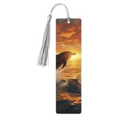 Dolphins Jumping Out of The Water at Sunset Wood Bookmark for Book Lovers Birthday Teachers Gift, Handmade Craft Book Marks Ornaments with Tassel Exquisite Reading Page Markers for Men Women