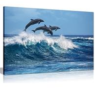 Dolphins Jumping Over Blue Waves Ocean Wildlife Canvas Wall Art Picture Print (12X8)