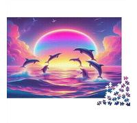 Dolphins Jumping Sunset Jigsaw Puzzles 1000Pc Recycled Paper for Adults Puzzle for Adults Impossible Hard Challenging Family Game Fun Home Activity Great Gift Idea 52x38cm/1000pcs