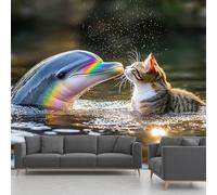 Dolphins kiss Cats Rainbow River Large Mural Self Adhesive Wallpaper 256x350 cm, Funny Cute Animals Wallpaper, Sunlight Waves Wall Stickers Vinyl for Living Room, Kitchen Wall Art