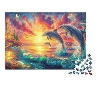 Dolphins Leap at Sunset by A Castle 1000-Piece Jigsaw Puzzle Dolphin Theme Brainteasing Challenge for Adults & Kids 38x26cm/1000pcs