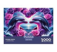 Dolphins Love Roses Jigsaw Puzzle 1000 Piece -Dolphin Heart with Purple Roses Puzzles for Adults Gifts Recycled Paper Educational Game Decompression70x50cm/1000pcs