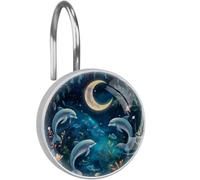 Dolphins Moon Shower Curtain Hooks, Decorative Rust Proof Stainless Steel Shower Curtain Rings for Bathroom Decor Set of 12
