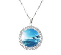 Dolphins Ocean Blue Sky Funny Necklace With Printed Pendant Novelty Diamond Jewelry for Women Men Silver/Gold
