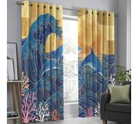 Dolphins Ocean Waves Full Moon Blackout Curtains 2 Panels W52 x L84 Inch | Room Darkening Curtains, Japanese Ukiyo-E Style Thermal Insulated Noise Reducing Drapes for Bedroom Living Room Decor, Blue