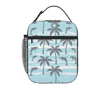 Dolphins Palm Trees Pattern Lunch Box Reusable Leak-Proof Portable Insulated Picnic Office Hiking Fishing Lunch Bag