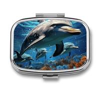 Dolphins Pill Box Travel Pill Organizer 2 Compartment Weekly Pill Case with Mirror A Day Medicine Container Medicine Organizer for Purse, Pocket, Or Wallet