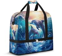 Dolphins Playing in The Ocean Travel Duffel Bag for Women Men, Sea Fish Foldable Sports Gym Bag Weekend Overnight Totes Carry on Cabin Bag with Shoes Compartment