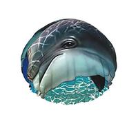 Dolphins Print Shower Cap For Women Reusable Double-Layer Fabric Shower Caps Girls Hair Caps